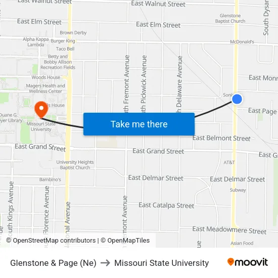 Glenstone & Page (Ne) to Missouri State University map