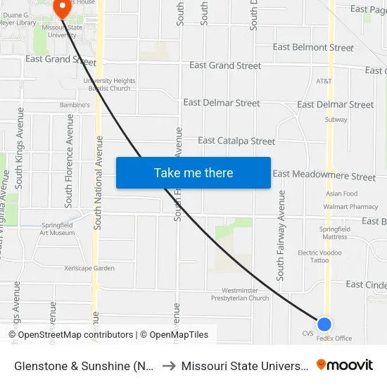 Glenstone & Sunshine (Nw) to Missouri State University map