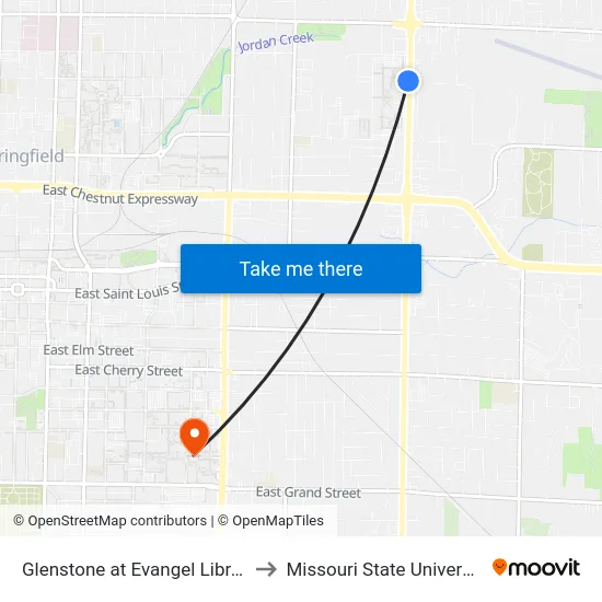 Glenstone at Evangel Library to Missouri State University map