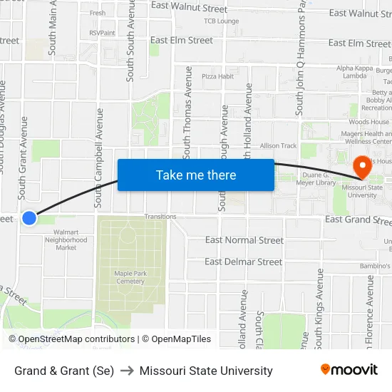 Grand & Grant (Se) to Missouri State University map