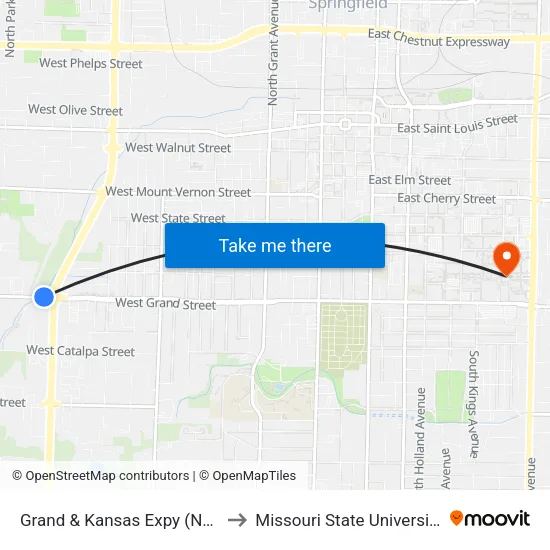 Grand & Kansas Expy (Nw) to Missouri State University map