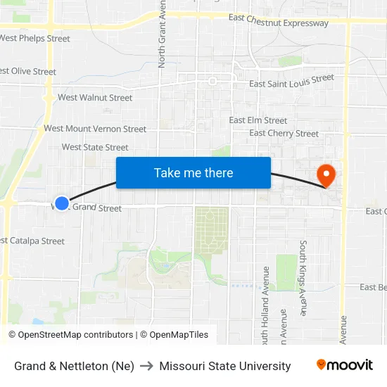 Grand & Nettleton (Ne) to Missouri State University map