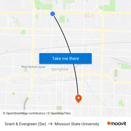Grant & Evergreen (Sw) to Missouri State University map
