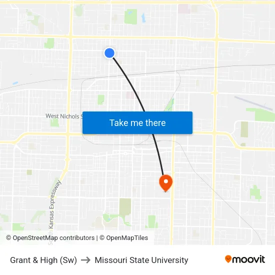 Grant & High (Sw) to Missouri State University map