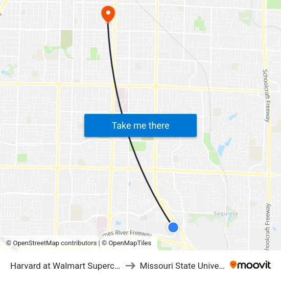Harvard at Walmart Supercenter to Missouri State University map
