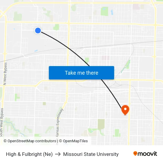 High & Fulbright (Ne) to Missouri State University map