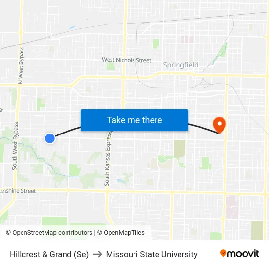Hillcrest & Grand (Se) to Missouri State University map