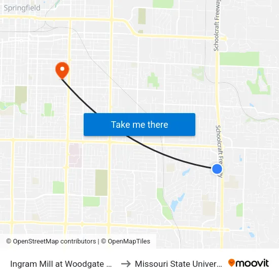 Ingram Mill at Woodgate Apts to Missouri State University map