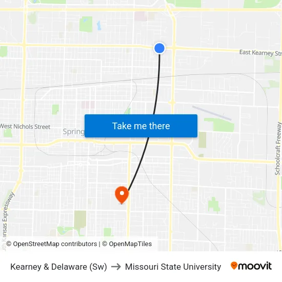 Kearney & Delaware (Sw) to Missouri State University map