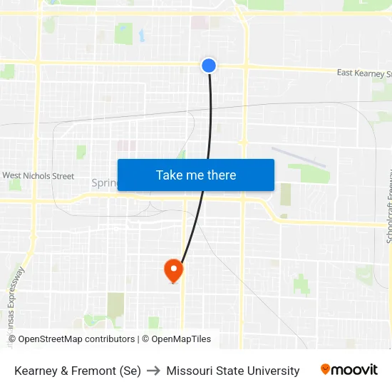 Kearney & Fremont (Se) to Missouri State University map