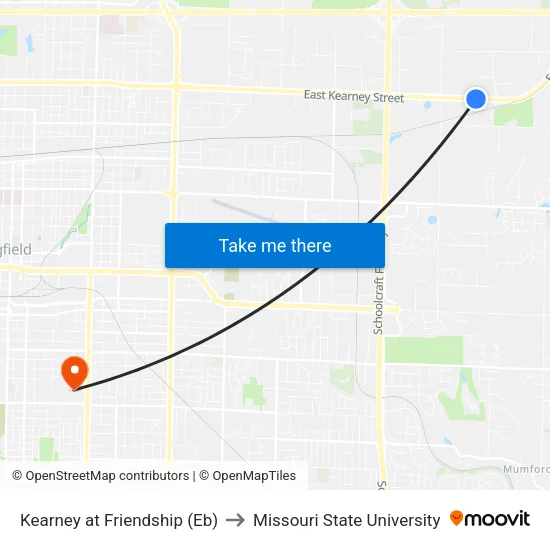 Kearney at Friendship (Eb) to Missouri State University map