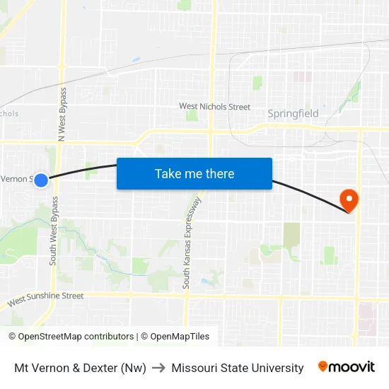 Mt Vernon & Dexter (Nw) to Missouri State University map