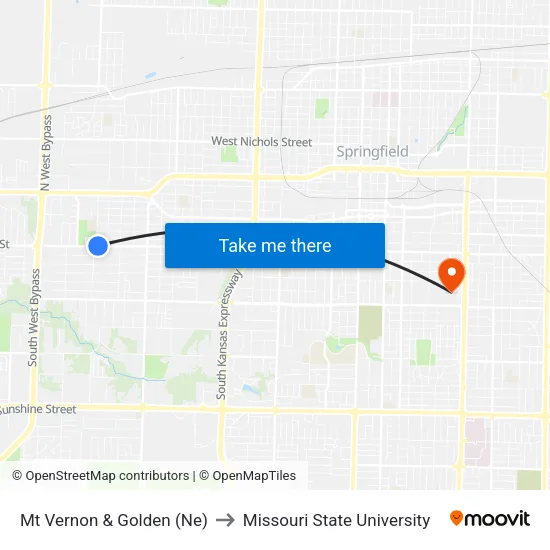 Mt Vernon & Golden (Ne) to Missouri State University map