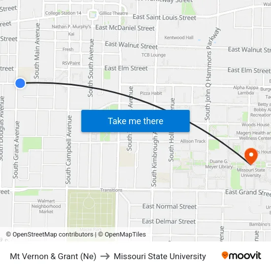 Mt Vernon & Grant (Ne) to Missouri State University map