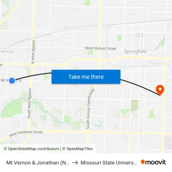 Mt Vernon & Jonathan (Ne) to Missouri State University map