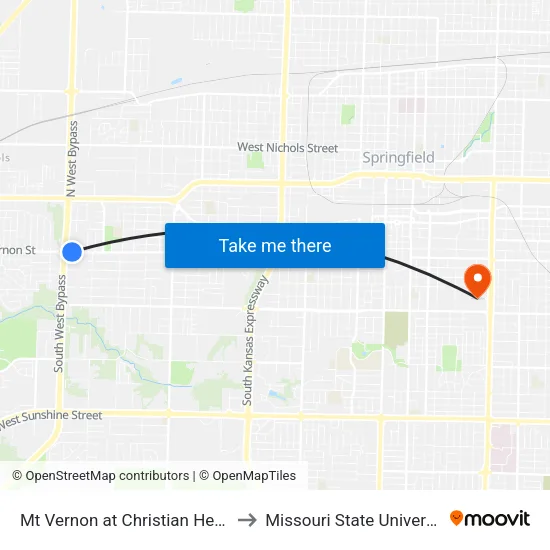 Mt Vernon at Brookhaven Nursing to Missouri State University map
