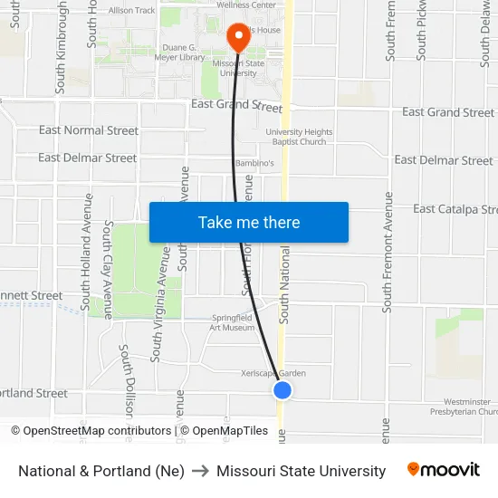 National & Portland (Ne) to Missouri State University map