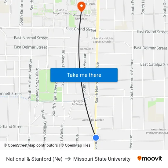 National & Stanford (Ne) to Missouri State University map