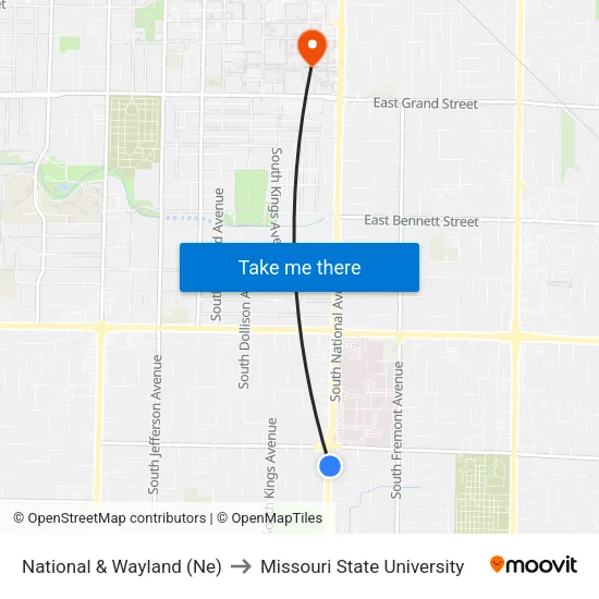 National & Wayland (Ne) to Missouri State University map