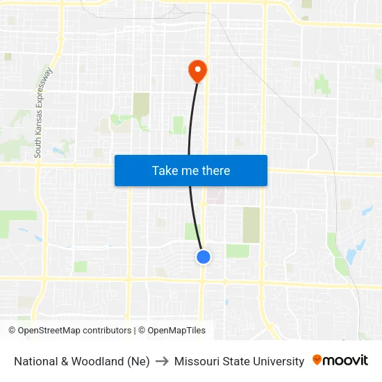 National & Woodland (Ne) to Missouri State University map