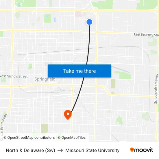 North & Delaware (Sw) to Missouri State University map