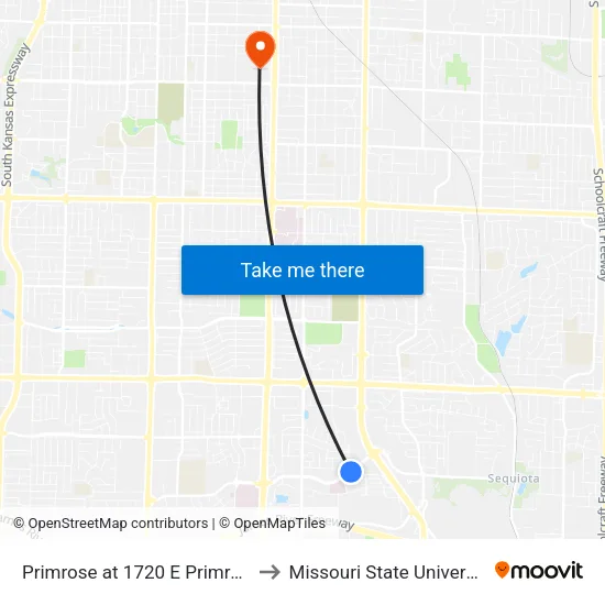 Primrose at 1720 E Primrose to Missouri State University map