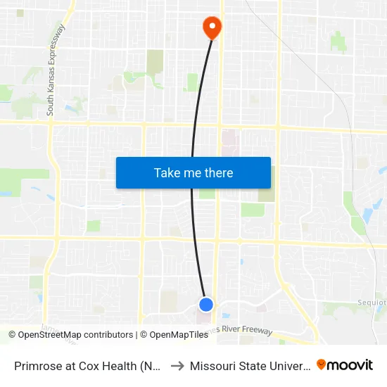 Primrose at Cox Health (North) to Missouri State University map