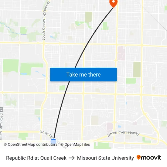 Republic Rd at Quail Creek to Missouri State University map