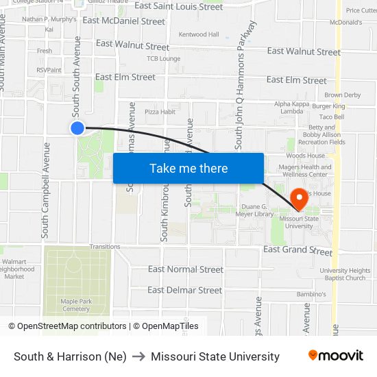 South & Harrison (Ne) to Missouri State University map