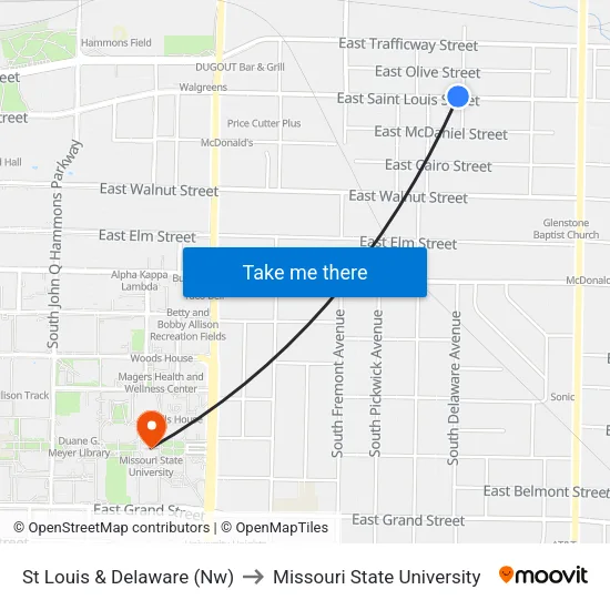 St Louis & Delaware (Nw) to Missouri State University map
