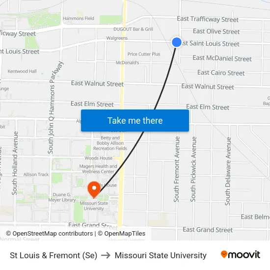 St Louis & Fremont (Se) to Missouri State University map