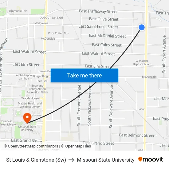 St Louis & Glenstone (Sw) to Missouri State University map