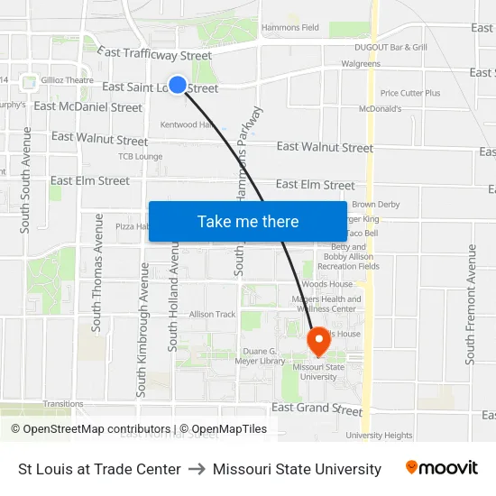 St Louis at Trade Center to Missouri State University map