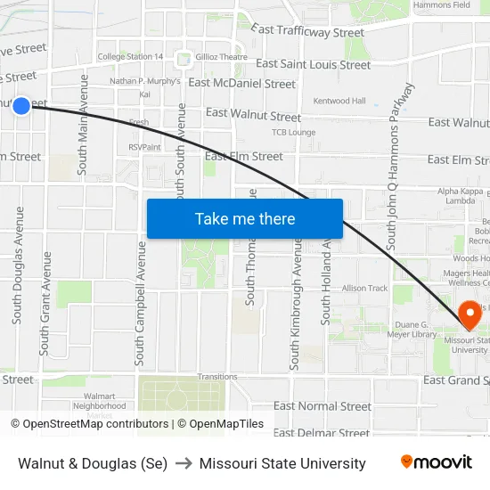 Walnut & Douglas (Se) to Missouri State University map