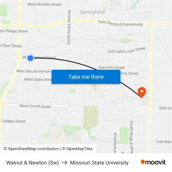 Walnut & Newton (Sw) to Missouri State University map