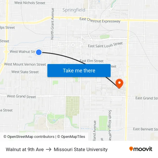 Walnut at 9th Ave to Missouri State University map