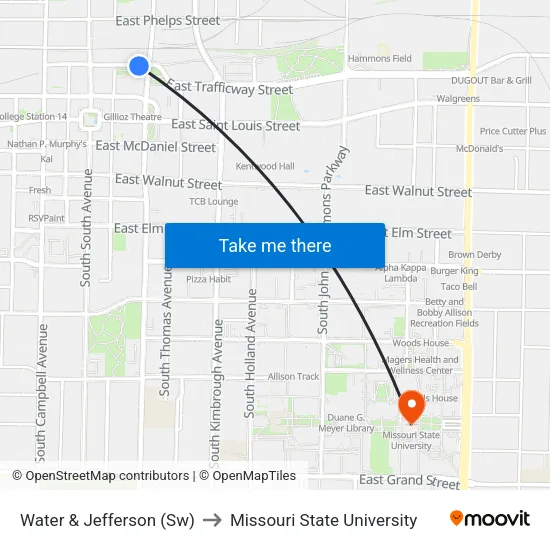 Water & Jefferson (Sw) to Missouri State University map