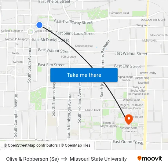 Olive & Robberson (Se) to Missouri State University map