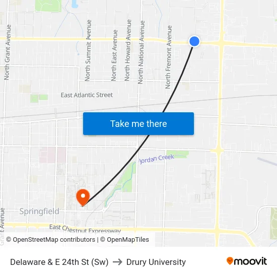Delaware & E 24th St (Sw) to Drury University map