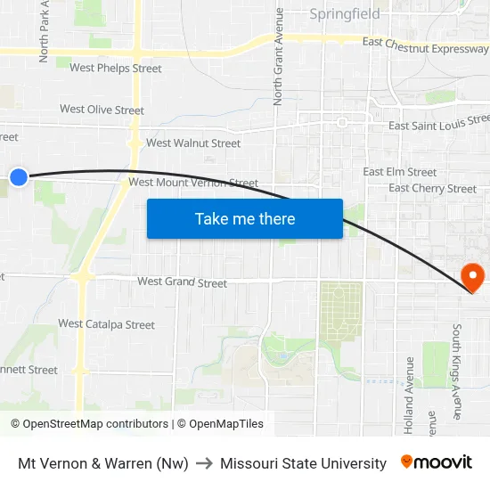 Mt Vernon & Warren (Nw) to Missouri State University map