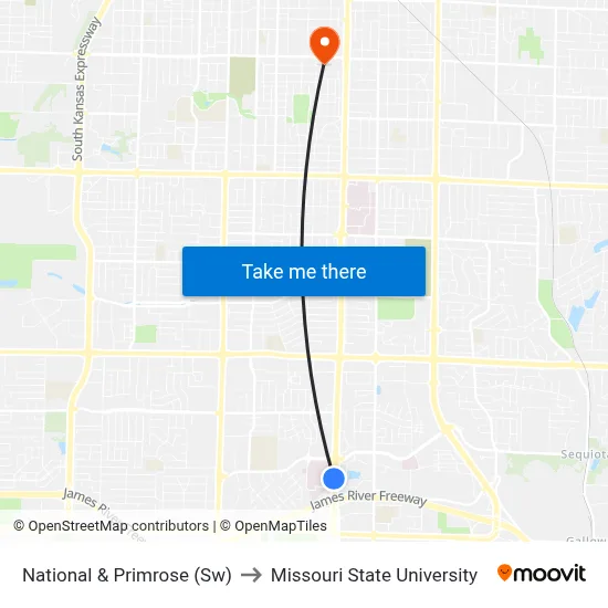 National & Primrose (Sw) to Missouri State University map