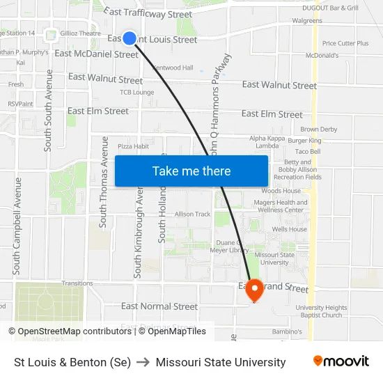 St Louis & Benton (Se) to Missouri State University map