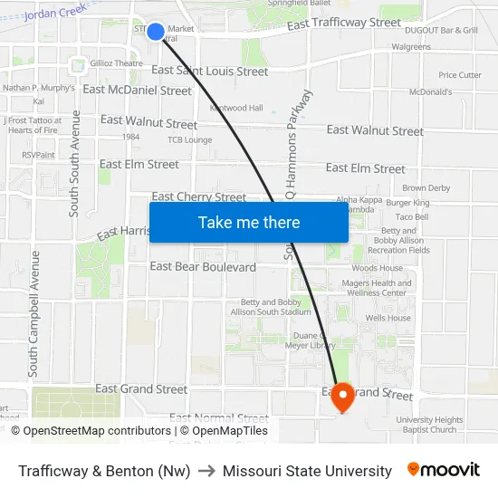 Trafficway & Benton (Nw) to Missouri State University map