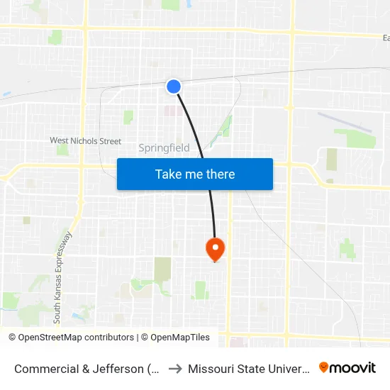 Commercial & Jefferson (Sw) to Missouri State University map