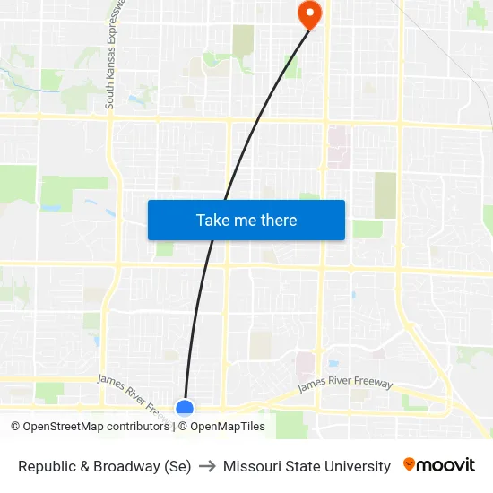 Republic & Broadway (Se) to Missouri State University map