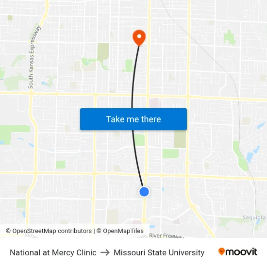 National at Mercy Clinic to Missouri State University map