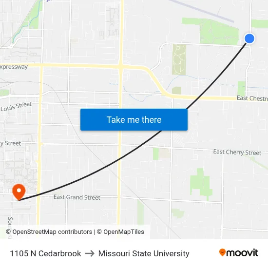 1105 N Cedarbrook to Missouri State University map