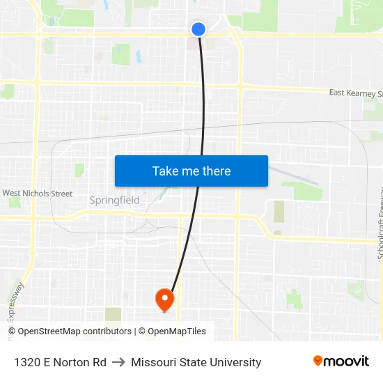 1320 E Norton Rd to Missouri State University map