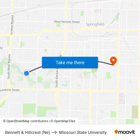 Bennett & Hillcrest (Ne) to Missouri State University map