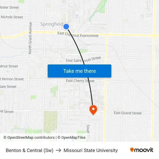 Benton & Central (Sw) to Missouri State University map
